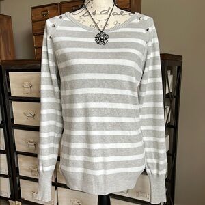 White House Black Market WHBM Gray and White Stripe Sweater
